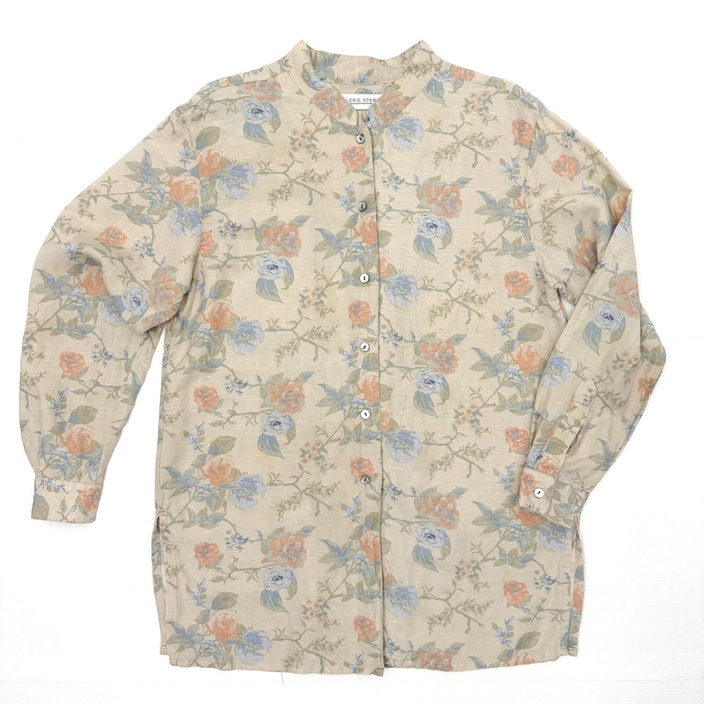 Valerie Stevens Vintage Floral Button Down Shirt Small Tan Blue